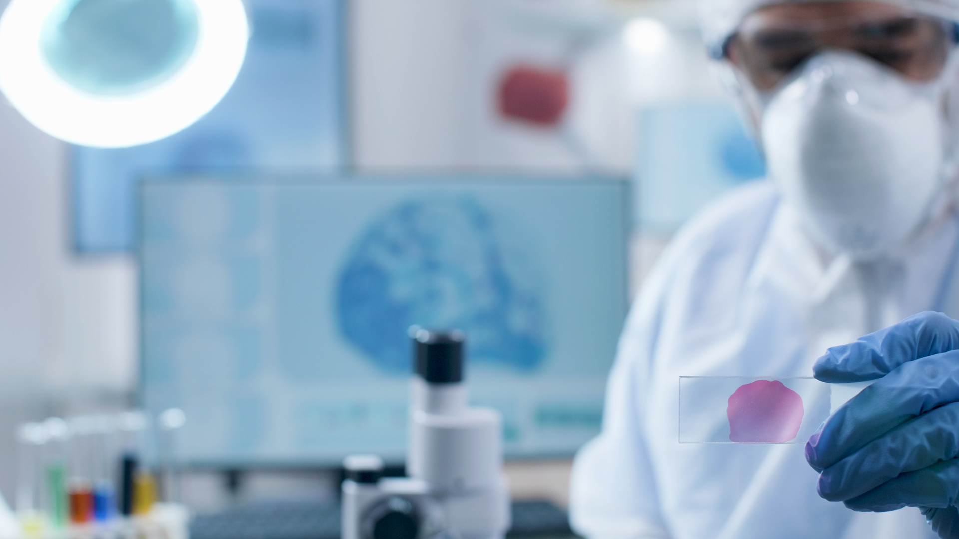 Closeup Scientist Researcher Doctor Holding Medical Slide Analyzing Blood Sample Working Coronavirus Vaccine Chemistry Experiment Biochemistry Hospital Laboratory Virus Examination