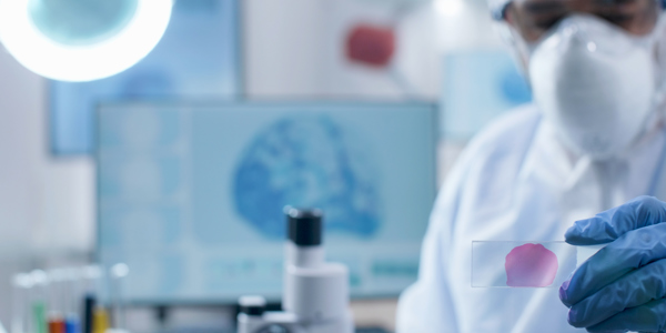 Closeup Scientist Researcher Doctor Holding Medical Slide Analyzing Blood Sample Working Coronavirus Vaccine Chemistry Experiment Biochemistry Hospital Laboratory Virus Examination